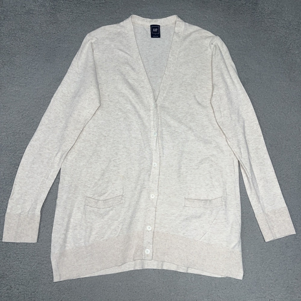 Gap Cardigan Sweater Women's Sz L Oatmeal Heather Button Front Pockets Academia